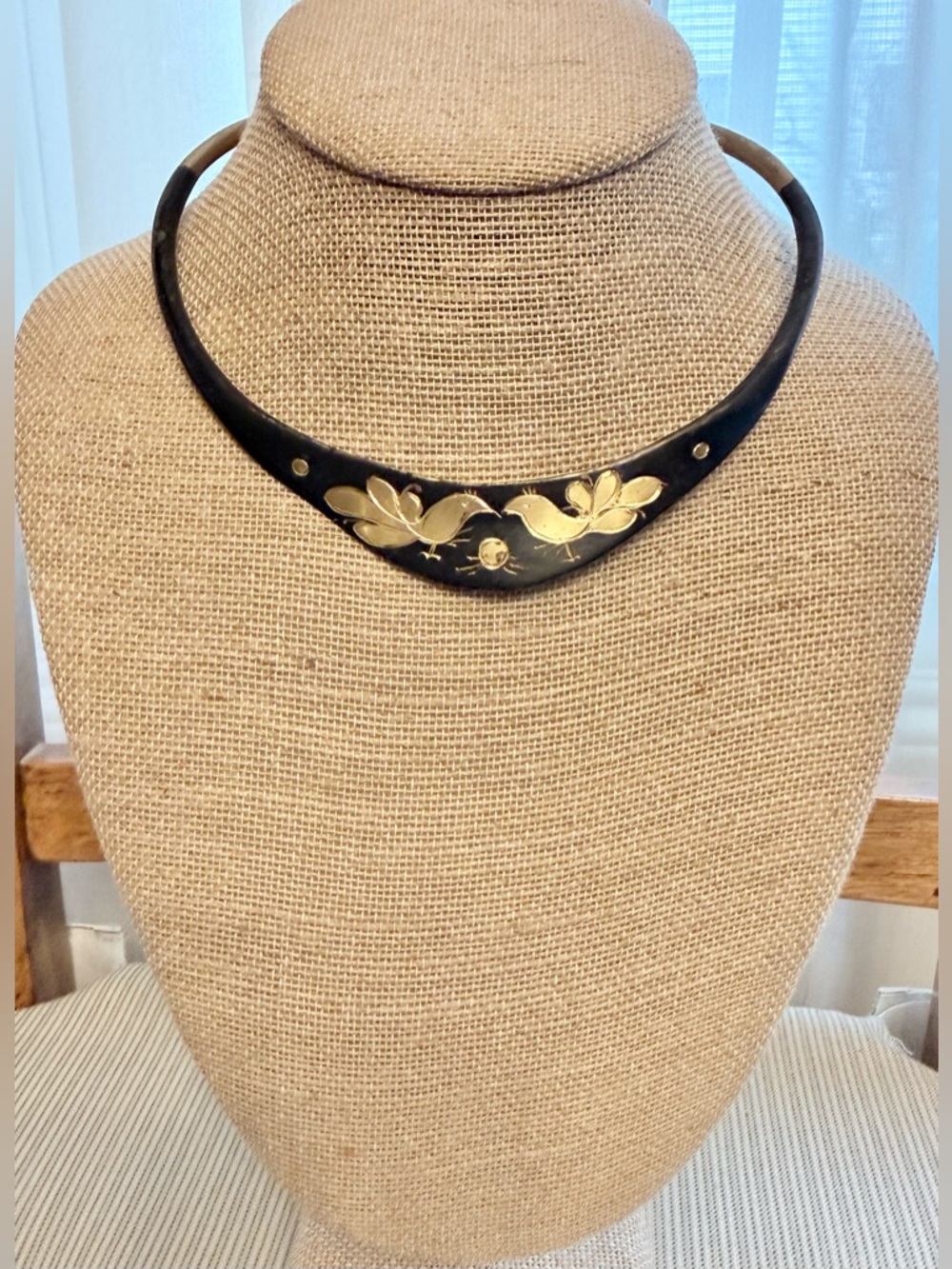 Brass Collar Necklace Black & Gold Tone Bird Floral Design Vintage made in India